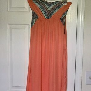 Coral pink maxi dress with blue tribal detail